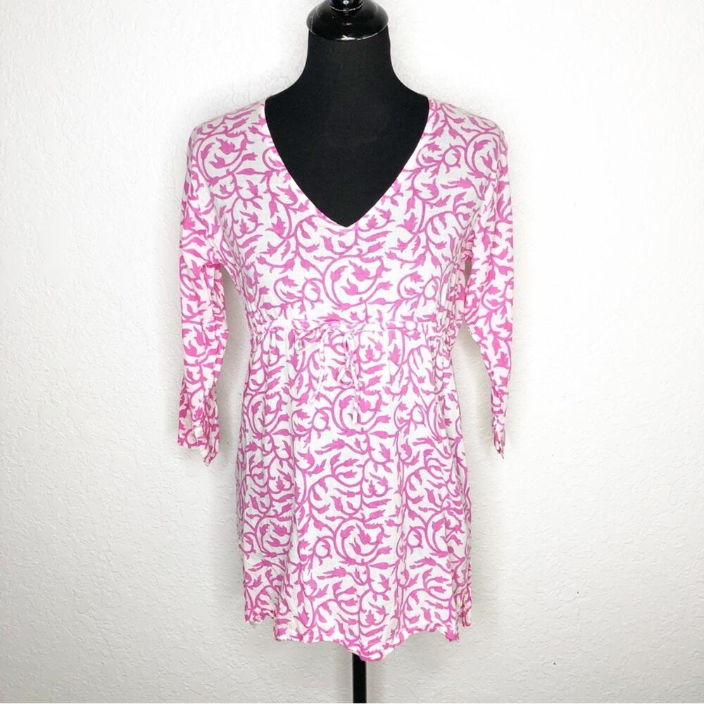 Gretchen Scott Designs pink white vine print drawstring v neck tunic top Small